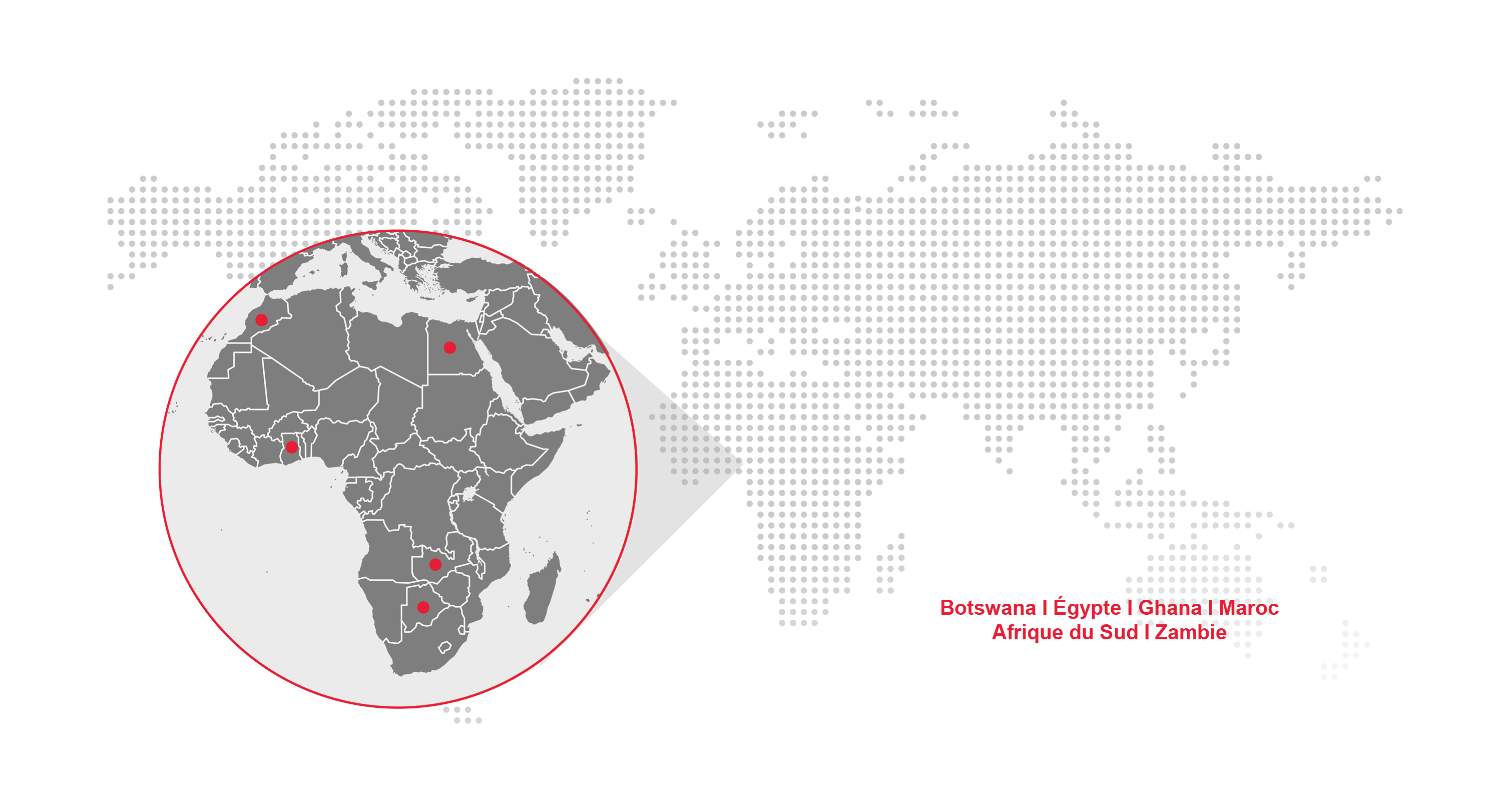 Carte du monde en pointillés avec un gros plan de l'Afrique. Des points rouges indiquent l'emplacement du Botswana, de l'Égypte, du Ghana, du Maroc, de l'Afrique du Sud et de la Zambie.