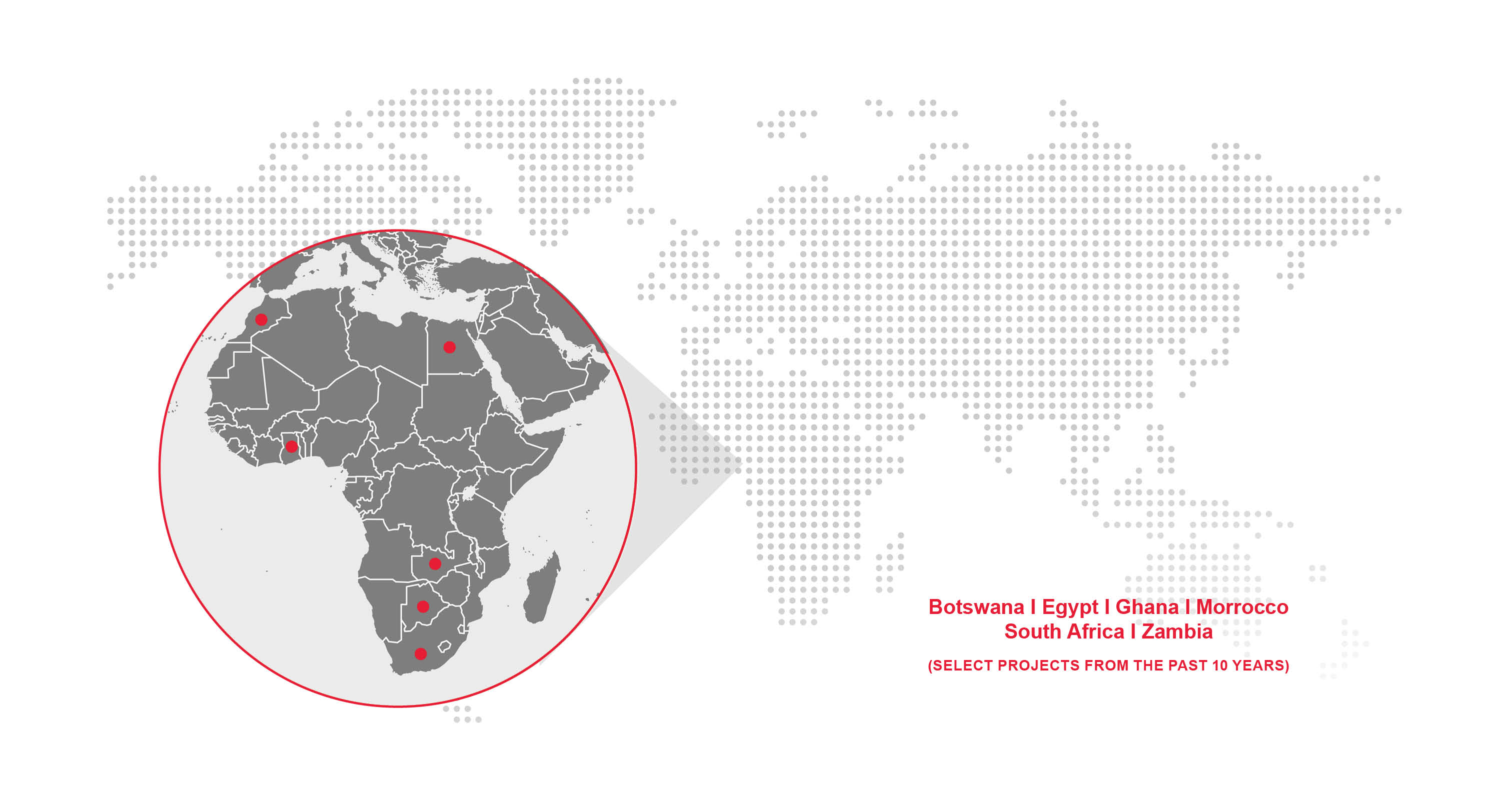 A detailed map of the world with a zoomed in focus on Africa, showcasing the regions of Botswana, Egypt, Ghana, Morrocco, South Africa, and Zambia, where Redpath has conducted major scale mining related projects.