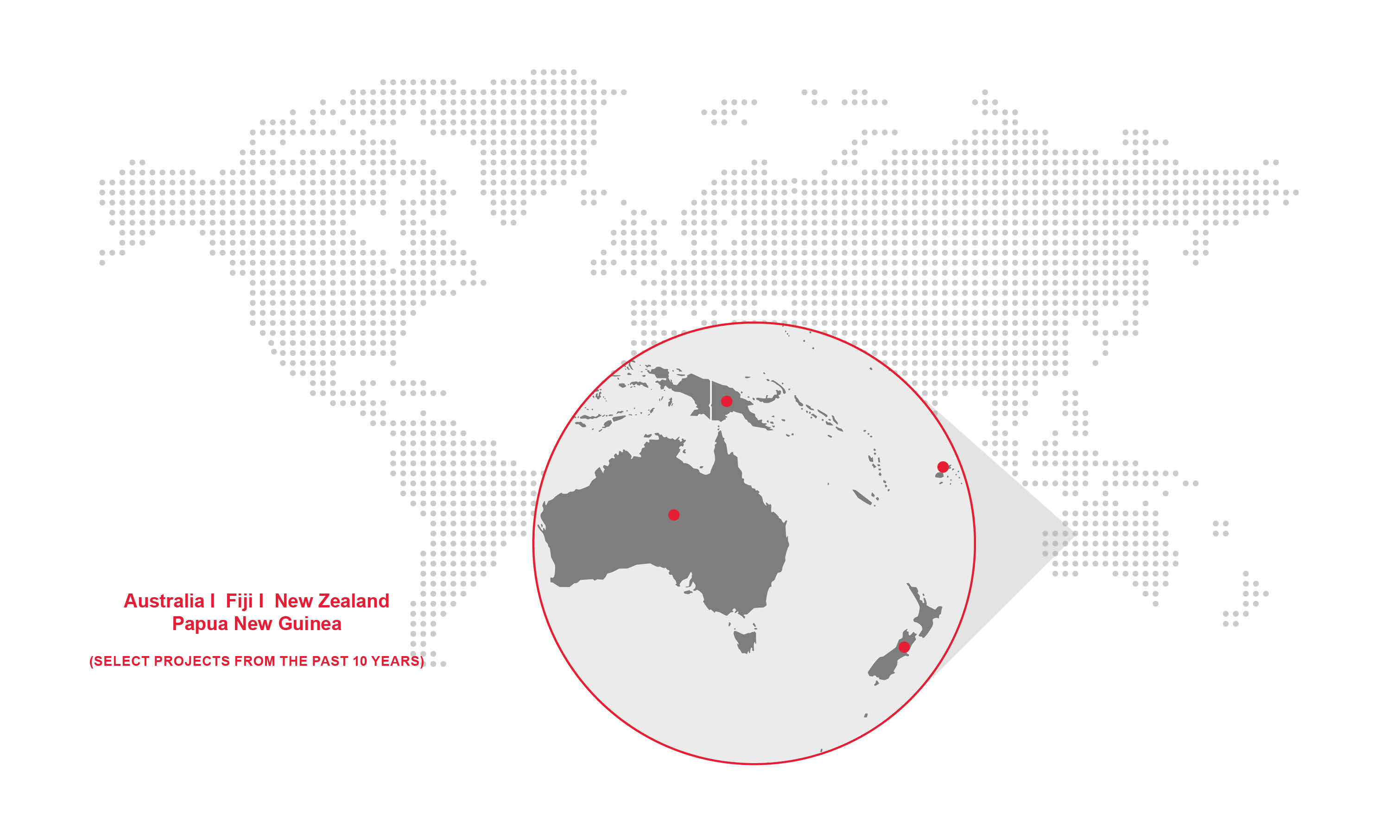A detailed map of the world with a zoomed in focus on Australia, showcasing the regions of Australia, Fiji, New Zealand, and Papa New Guinea, where Redpath has conducted major scale mining related projects.