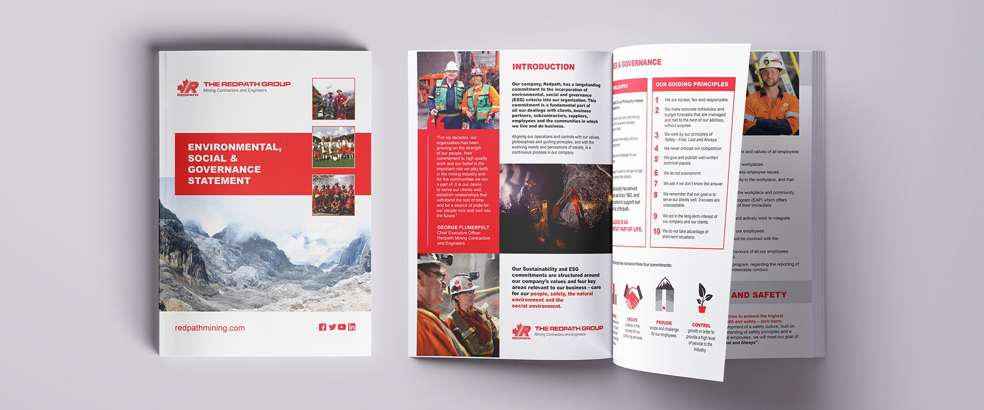 The cover image and open booklet of the Environmental, Social & Governance Statement.