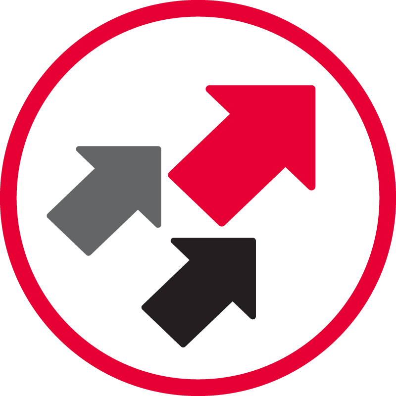 L’icône Esprit d’amélioration continue de Redpath montre 3 flèches de différentes tailles et couleurs à l’intérieur d’un cercle rouge, toutes pointant dans la direction en haut à droite, symbolisant les efforts continus de Redpath pour s’améliorer constamment.