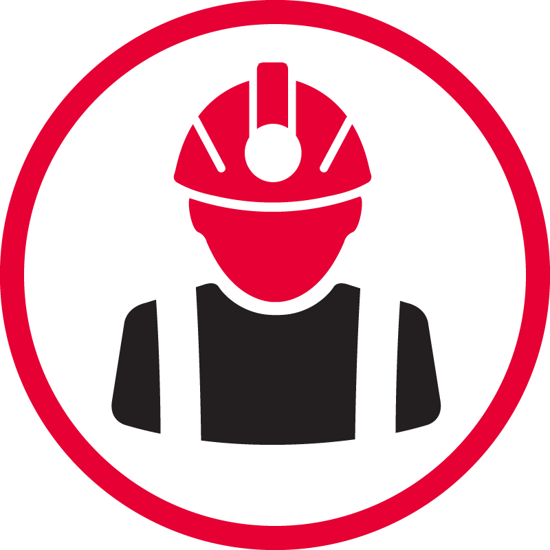 El icono de Redpath Our People muestra a una persona que usa la ropa dura de un minero con una lámpara de cabeza dentro de un círculo rojo, simbolizando el activo más valioso de Redpath; son los empleados.